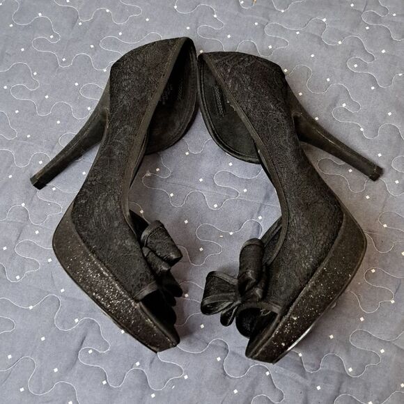 Jacqueline Ferrar black lace bow platform heels size 8.5 - Picture 1 of 8